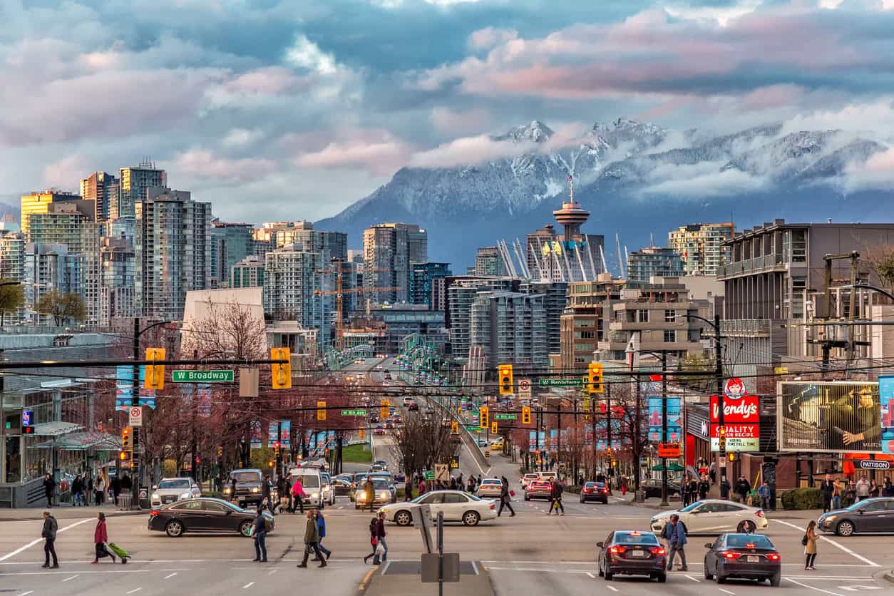 View of Vancouver, Canada, and surrounding mountains.