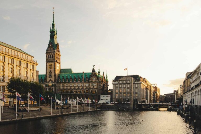 Hamburg, Germany, townhall and Alster river.