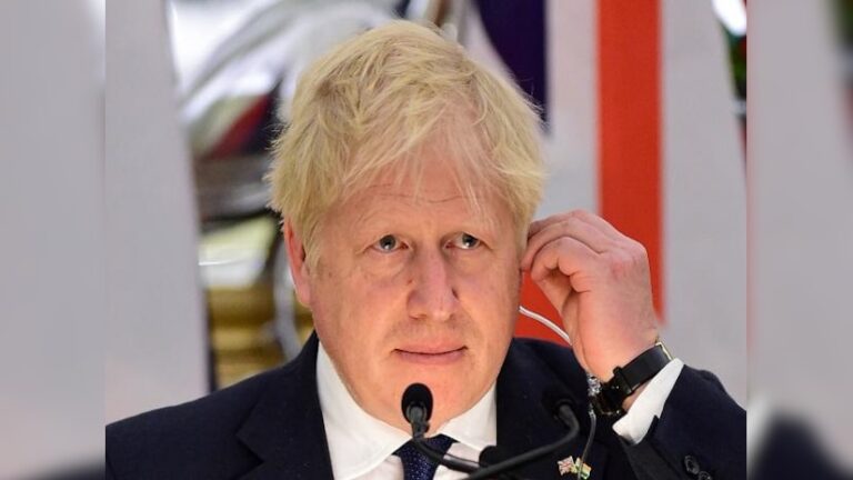 British Prime Minister Boris Johnson with his Indian counterpart Narendra Modi (unseen) speaks during the joint statement after their meeting, in New Delhi, Friday, April 22 2022. (PTI)