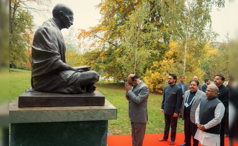 Om Birla paid tribute to Mahatma Gandhi in Geneva, also met presiding officers of parliament of many countries