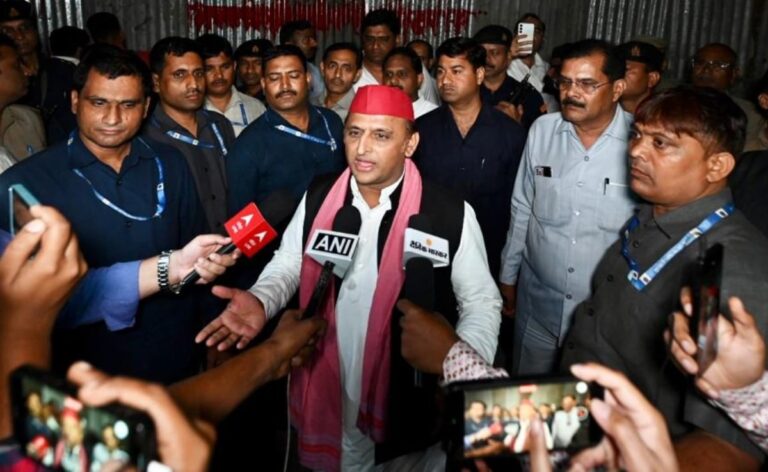 Akhilesh Yadav talking to the media outside JPNIC in Lucknow.