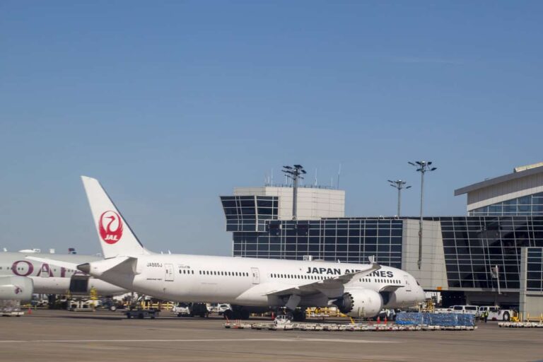 Japanese Airlines plane on runway.