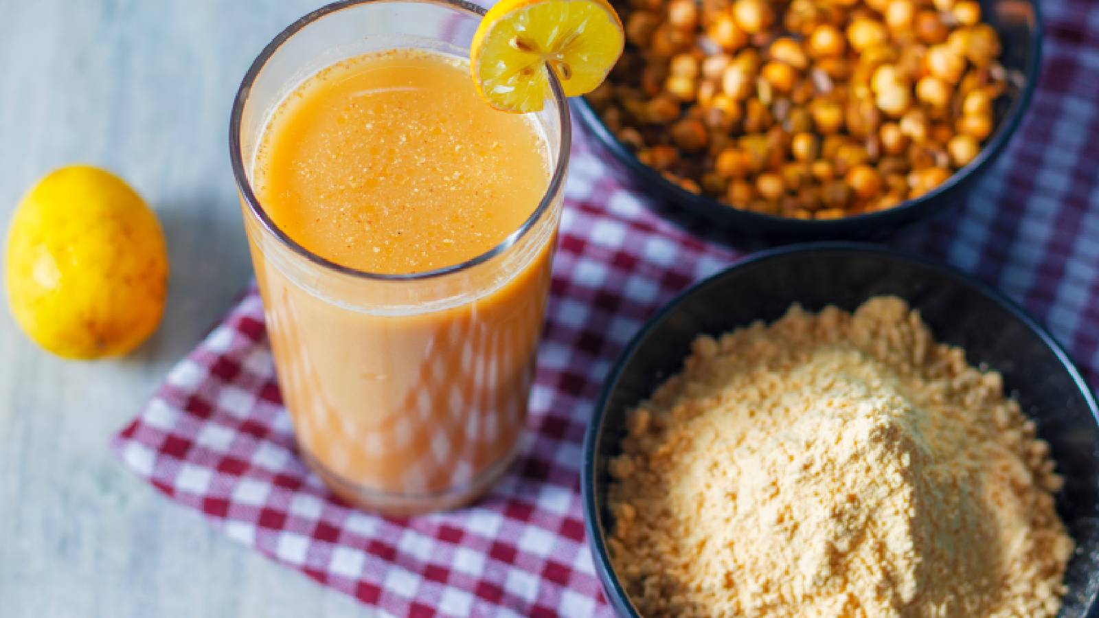 Jaggery powder and a glass full of juice